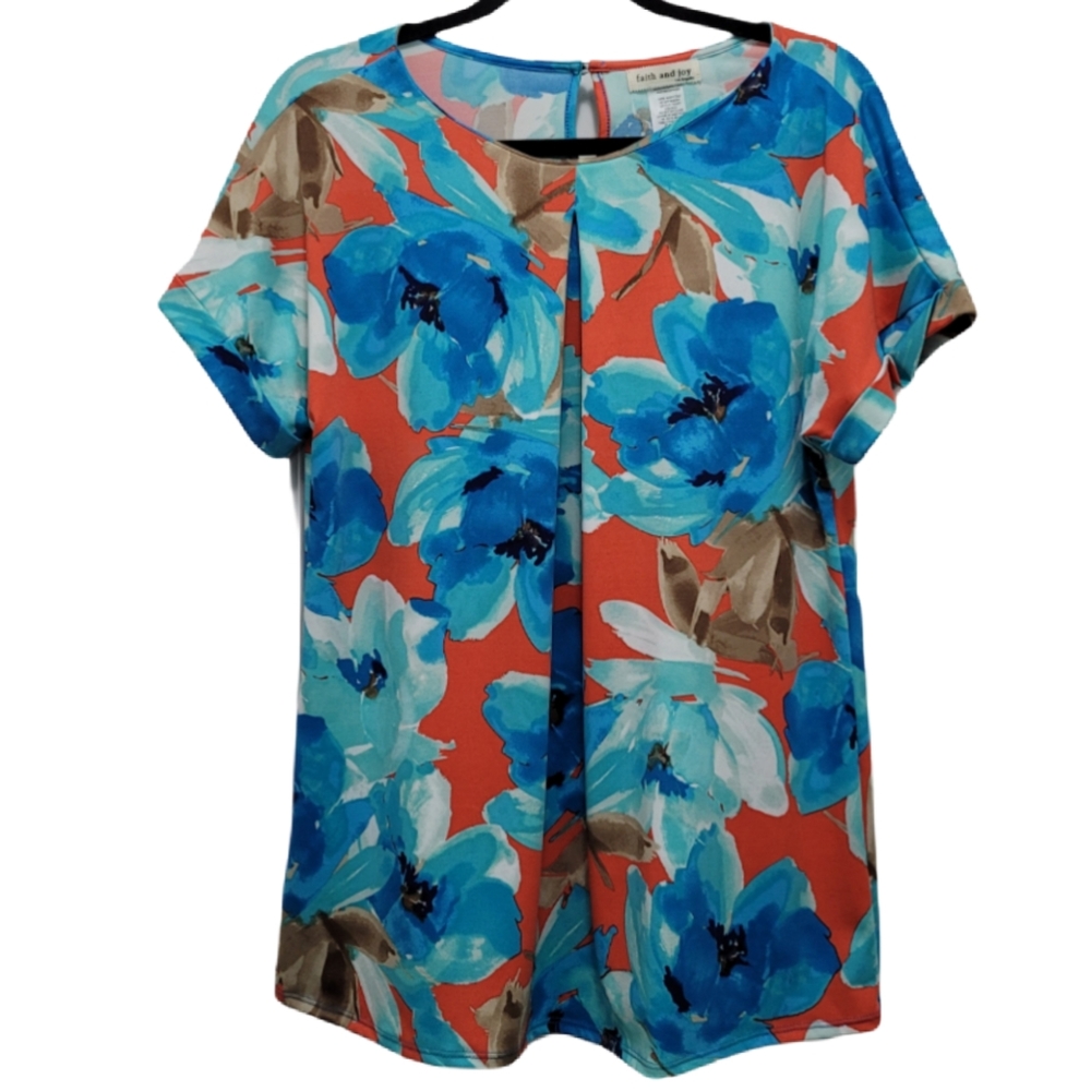 FAITH AND JOY  Blue Red Floral Loose Casual Blouse Size L